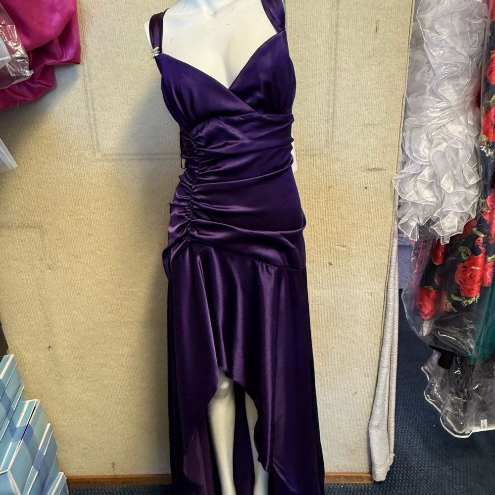 Plunging V-Neck Purple Satin High-Low Prom Dress